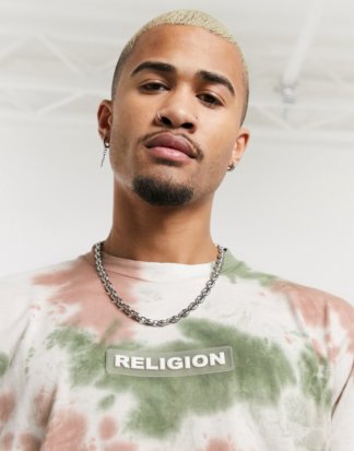 Religion - T-Shirt mit Logo auf der Brust und Batikmuster-Weiß