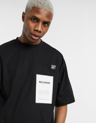 Religion - Übergroßes T-Shirt mit bedruckter Tasche in Schwarz