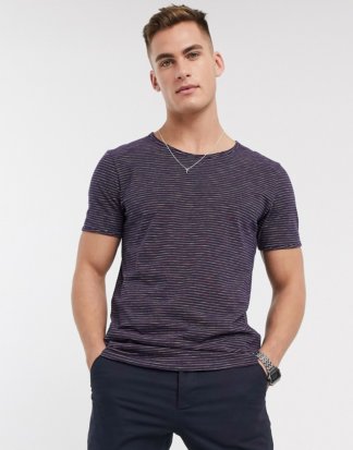 Selected Homme - T-Shirt mit U-Ausschnitt und Streifen in Rosa meliert-Mehrfarbig