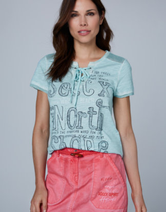 Serafino-Shirt mit Mesh-Details und Print Farbe : cool aqua , Größe: XS