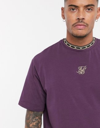 SikSilk - Übergroßes T-Shirt mit Zierband am Kragen in Burgunder-Rot