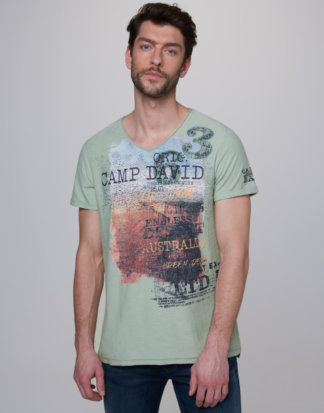 Slub Yarn T-Shirt mit V-Neck und Artwork Farbe : bamboo green , Größe: L