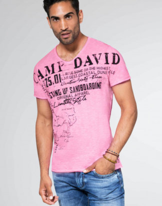 Slub Yarn T-Shirt mit V-Neck und Print Farbe : neon pink , Größe: L