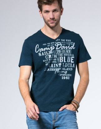 Slub Yarn T-Shirt mit V-Neck und Print Farbe : ocean rock , Größe: L