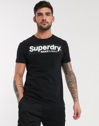 Superdry - Schwarzes T-Shirt mit Logo und Military-Muster