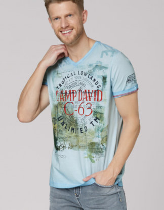 T-Shirt Oil Dyed mit V-Neck und Photoprint Farbe : marlin blue , Größe: L