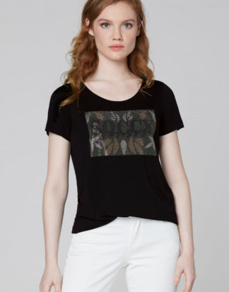 T-Shirt mit Artwork aus Glitzersteinen Farbe : black , Größe: L