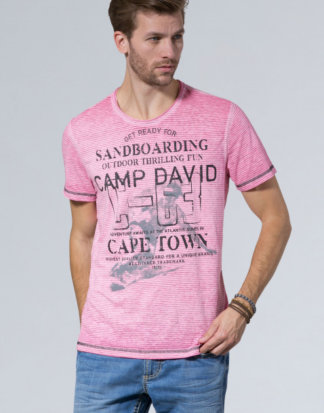 T-Shirt mit Ausbrenner-Streifen und Print Farbe : neon pink , Größe: L