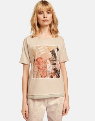 T-Shirt mit Chiffon-Applikation Beige XXS