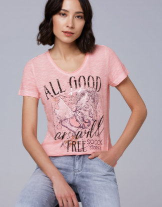 T-Shirt mit V-Ausschnitt und Print Farbe : pale rose , Größe: L