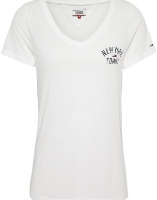 TOMMY JEANS T-Shirt "TJW FRONT NEW YORK V-NECK TEE" mit metalicfarbenen Tommy Jeans City-Print