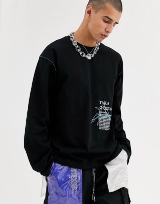 Taka Original - Übergroßes, langärmliges T-Shirt mit futuristischem Muster auf der Rückseite-Schwarz