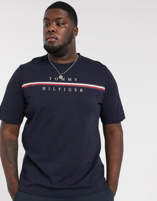 Tommy Hilfiger Big & Tall - T-Shirt mit Streifen und Logo in Marine-Navy
