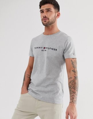 Tommy Hilfiger - Mit Flaggen-Logo besticktes T-Shirt in Kalkgrau