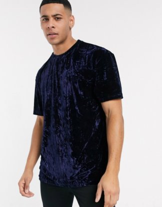 Topman - Marineblaues Samt-T-Shirt-Navy