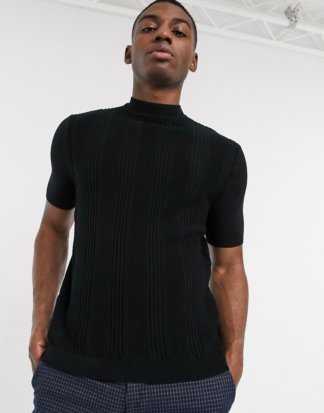 Topman - Strick-T-Shirt mit Stehkragen, in Schwarz