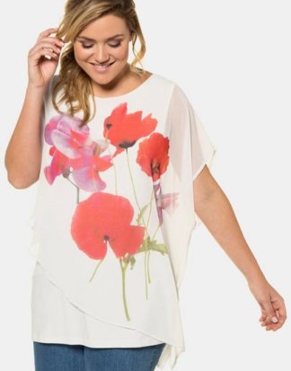 Ulla Popken Klassische Bluse bis 62+ Oversized Shirt Mohnblumen-Motiv Überwurf aus Chiffon Rundhalsausschnitt überschnittene Schultern