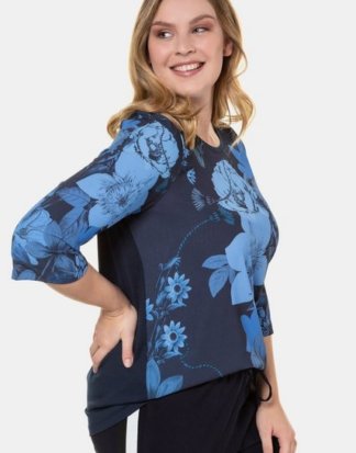 Ulla Popken T-Shirt Shirt, Blütenmuster, A-Line, Krepp-Vorderseite, Jersey