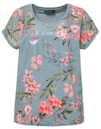 Ulla Popken T-Shirt bis 62+ Oversized Shirt Blütenmuster Rundhalsausschnitt überschnittene Schultern Rücken aus Jersey