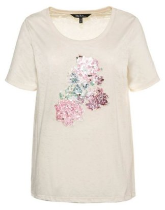 Ulla Popken T-Shirt bis 62+ T-Shirt Pailletten auf Blütenmotiv Rundhalsausschnitt Halbarm