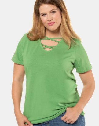 Ulla Popken T-Shirt bis 62+ V-Shirt mit Bändern gerundeter V-Ausschnitt Halbarm