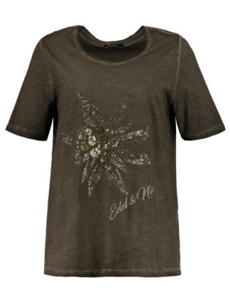 Ulla Popken T-Shirt bis 64, Oil dyed T-Shirt, Edelweiß-Motiv aus Pailletten, Schrift-Stickerei, Rundhalsausschnitt, Halbarm
