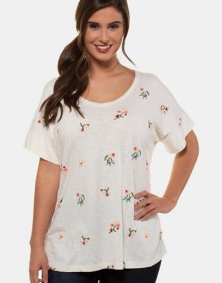 Ulla Popken T-Shirt bis 64, Oversized Shirt aus Flammjersey, echte Blüten-Stickereien, Gerundeter V-Ausschnitt, überschnittene Schultern, Halbarm