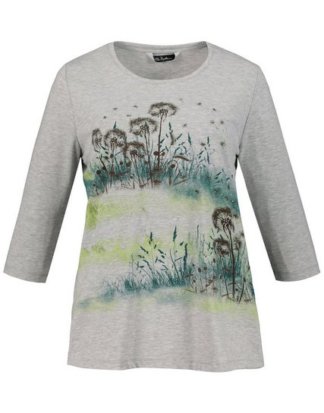 Ulla Popken T-Shirt bis 64, Shirt, Glitzersteine, XL Pusteblumen-Motiv, Rundhalsausschnitt, 3/4-Ärmel