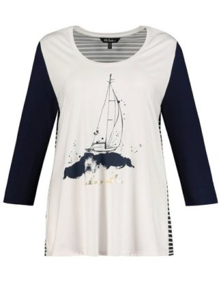 Ulla Popken T-Shirt bis 64, Shirt, Segelboot-Motiv, goldene Schrift, Bequem geschnitten, Rundhalsausschnitt und Halbarm