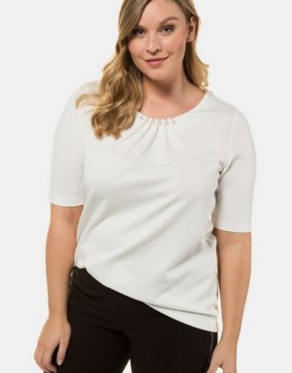 Ulla Popken T-Shirt bis 64, Shirt, Zierperlen in den Falten, Rundhalsausschnitt, Hochwertiger Jersey, ausgestelltem Halbarm