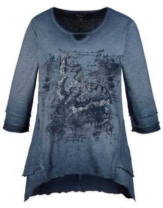 Ulla Popken T-Shirt bis 64, Shirt aus Flammjersey, Schmetterlings-Motiv mit Pailletten, Rundhalsausschnitt mit Aussparung, 3/4-Ärmel mit Volants