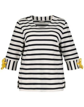 Ulla Popken T-Shirt bis 64, Shirt, geringelt, V-Ausschnitt, 3/4-Statement-Ärmel, Saum seitlich gerundet