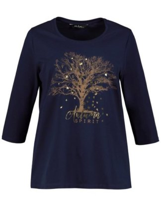 Ulla Popken T-Shirt bis 64, Shirt mit Baummotiv, goldfarbener Druck, Rundhalsausschnitt, 3/4-Ärmel