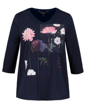 Ulla Popken T-Shirt bis 64, Shirt mit Blüten-Motiven, transparente Paillettenstreifen, V-Ausschnitt, 3/4-Ärmel