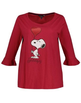 Ulla Popken T-Shirt bis 64, Shirt mit Snoopy-Motiv, glänzender Herz-Ballon, Rundhalsausschnitt, 3/4-Ärmel mit Volant