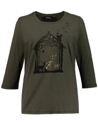 Ulla Popken T-Shirt bis 64, Shirt mit Waldmotiv, Glanzfolie, Rundhalsausschnitt, 3/4-Ärmel, Passform Classic