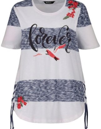Ulla Popken T-Shirt bis 64, T-Shirt aus Flammjersey, Blockstreifen, Schrift und Stickereien, Offenkantiger Rundhalsausschnitt, Schnürungen