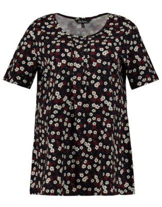 Ulla Popken T-Shirt bis 64, T-Shirt mit Blütenmuster, Rundhalsausschnitt mit Zierfalten, Halbarm, A-Linie