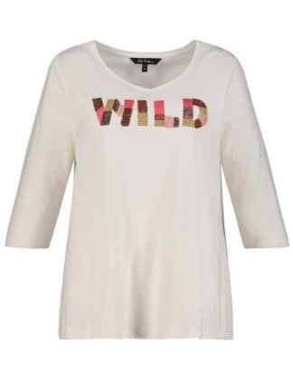 Ulla Popken T-Shirt bis 64, V-Shirt aus Flammjersey, WILD-Statement, gestickte Pailletten, Schräge Seitennähte, 3/4-Ärmel