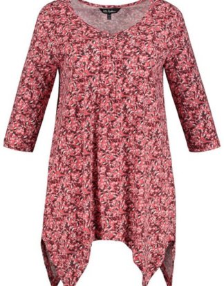 Ulla Popken T-Shirt bis 64, V-Shirt aus Rippjersey, florales Minimalmuster, Ausschnitt mit Biesen, Zipfelsaum, 3/4-Ärmel