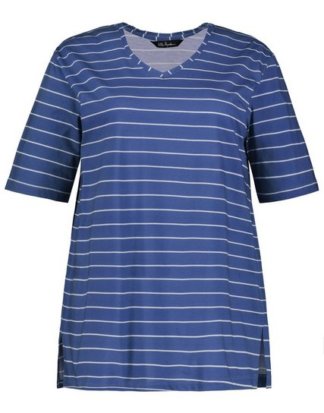 Ulla Popken T-Shirt bis 64, V-Shirt mit Ringeln, Seitenschlitze, gerader Halbarm, bequeme Passform