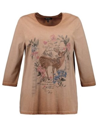 Ulla Popken T-Shirt bis 64, oil dyed Shirt, verziertes Reh-Motiv, Rundhalsausschnitt, 3/4-Ärmel