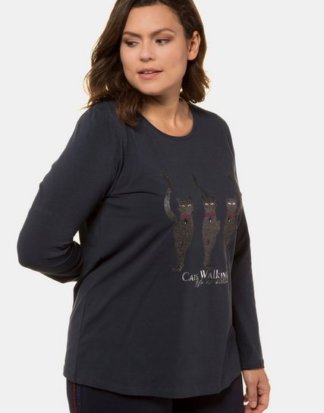 Ulla Popken T-Shirt bis 68, Langarm-Shirt, glitzerndes Katzen-Motiv, bequeme Passform, Rundhalsausschnitt