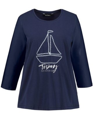 Ulla Popken T-Shirt bis 68, T-Shirt, Schiffs-Motiv, maritimes Zierband, Rundhalsausschnitt, 3/4 Arm