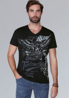 V-Shirt aus Slub Yarn mit Vintage Print Farbe : black , Größe: L