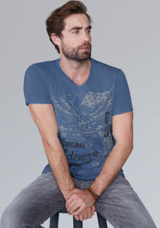 V-Shirt aus Slub Yarn mit Vintage Print Farbe : sky blue , Größe: L