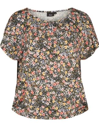 Zizzi T-Shirt Damen Große Größen T-Shirt Rundhals Blumen Kurzarm Blumen