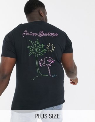 boohooMAN - Big and Tall - Schwarzes T-Shirt mit Palm Springs-Aufdruck vorne und hinten