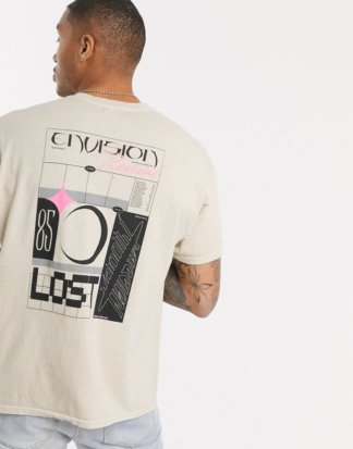 boohooMAN - Lost - Oversize-T-Shirt in Sand mit Rücken-Print-Beige