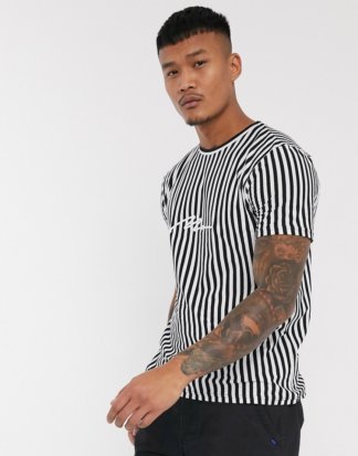 boohooMAN - Man Signature - Gestreiftes T-Shirt mit 3D-Stickerei in Schwarz